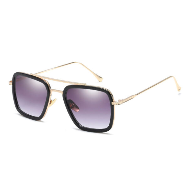 Tony stark edith sunglasses with gold frame and dark purple lenses