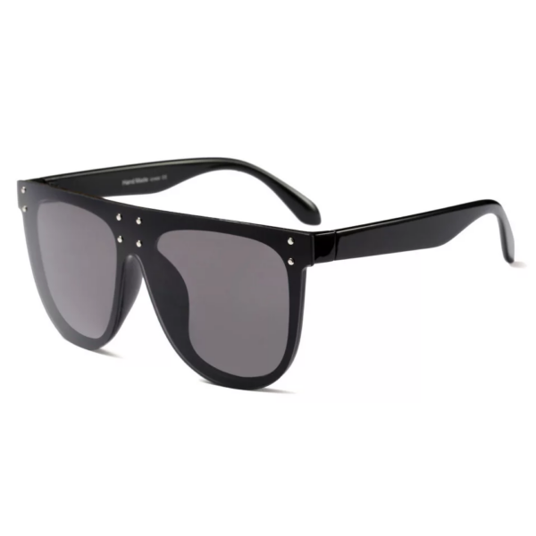 oversized black sunglasses with flat top and rounded bottom