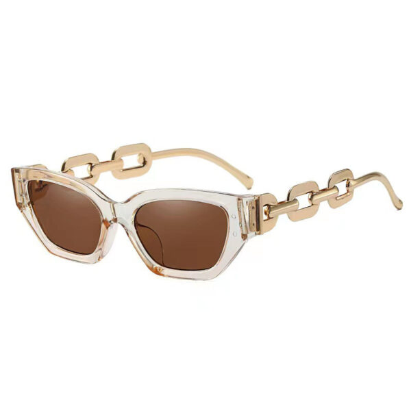 Jelly brown transparent frame sunglasses for women in cat eye shape with brown uv400 lenses and gold chain link temples