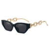 Black cat eye sunglasses with black uv400 lenses and gold metal chain link temples