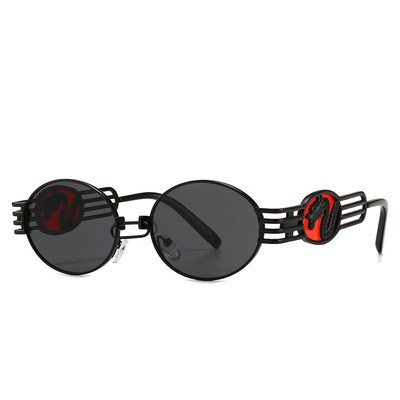 Round oval shape stemapunk sunglasses with red dragon on the temples