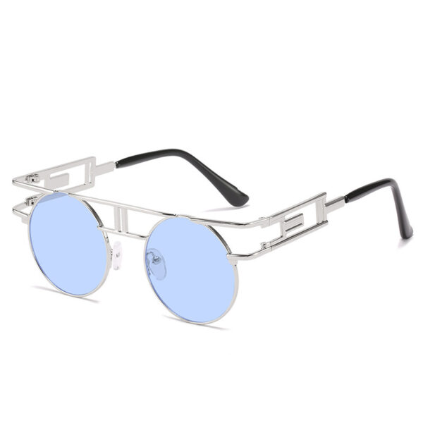 Round steampunk sunglasses for men with silver frame and blue lens