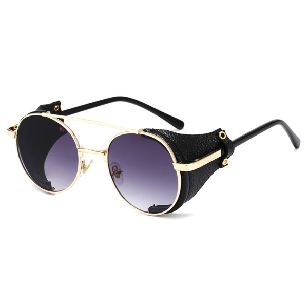 round purple lens sunglasses with gold frame and black side shields