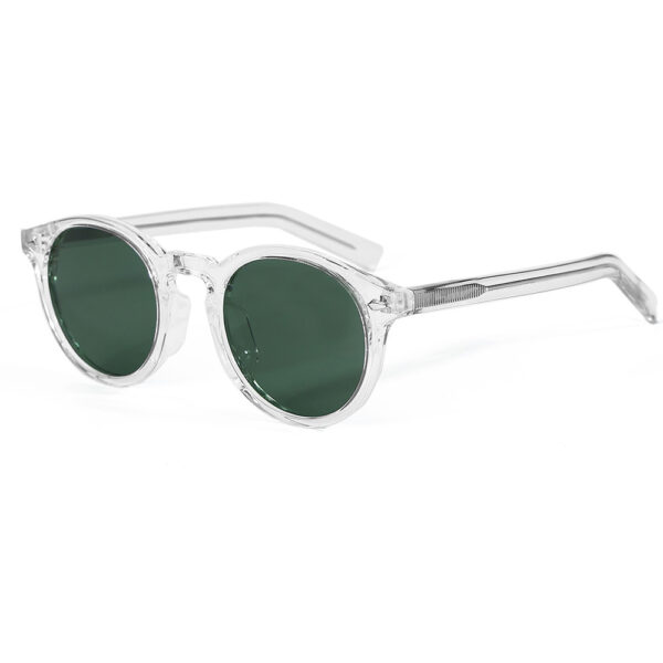 Polarised round sunglasses with clear frame and green lenses
