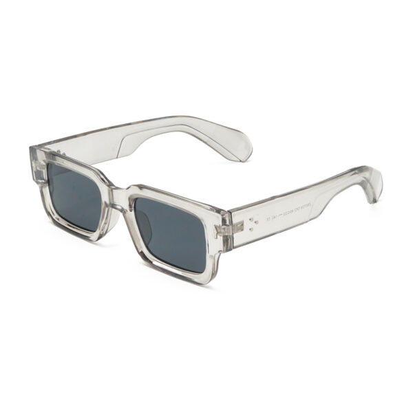 transparent grey frame square sunglasses with balck lenses